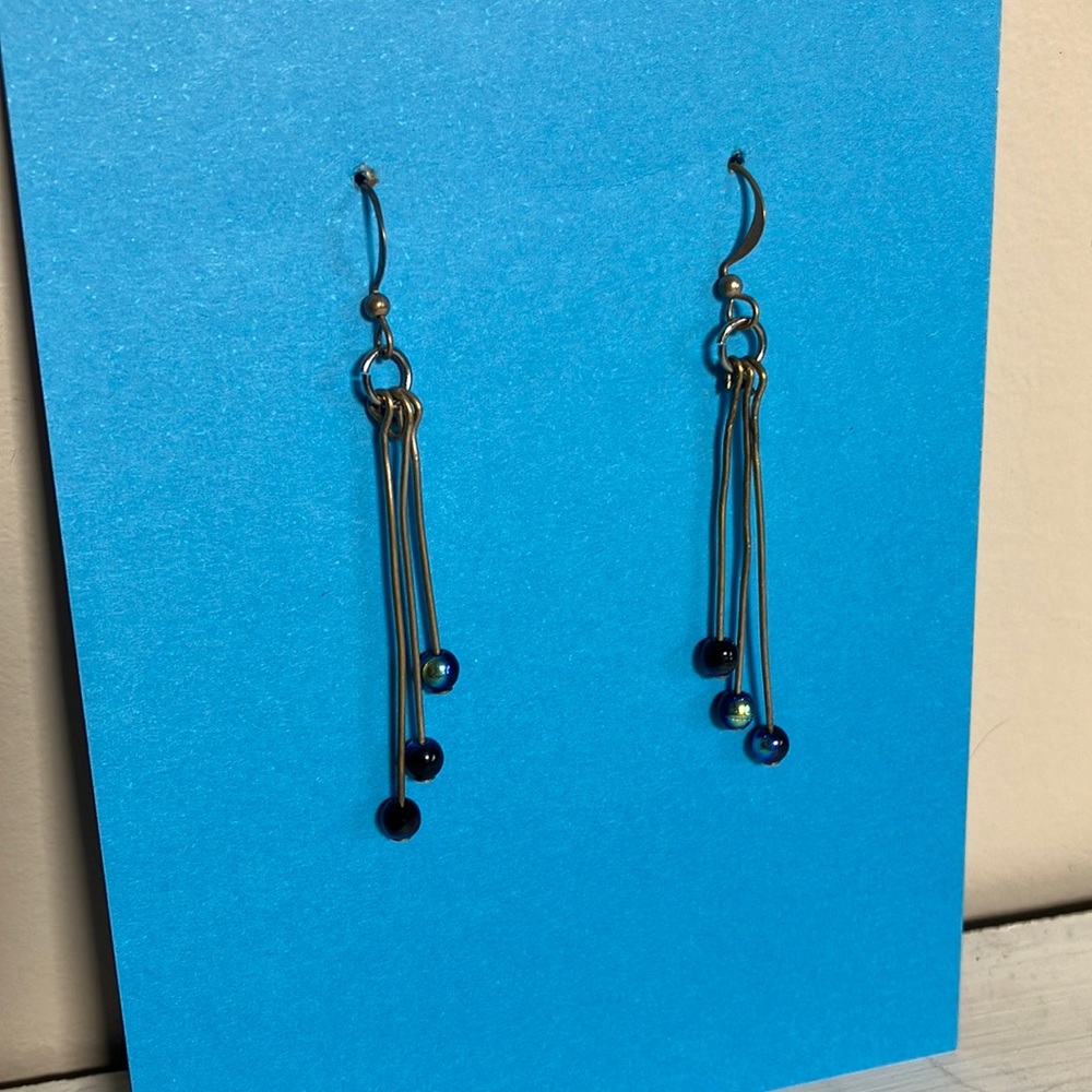 Vintage earrings Handmade Silver-tone black beads Dangle boho